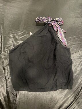 Free People Black One-Shoulder Crop Top with Purple Floral Tie